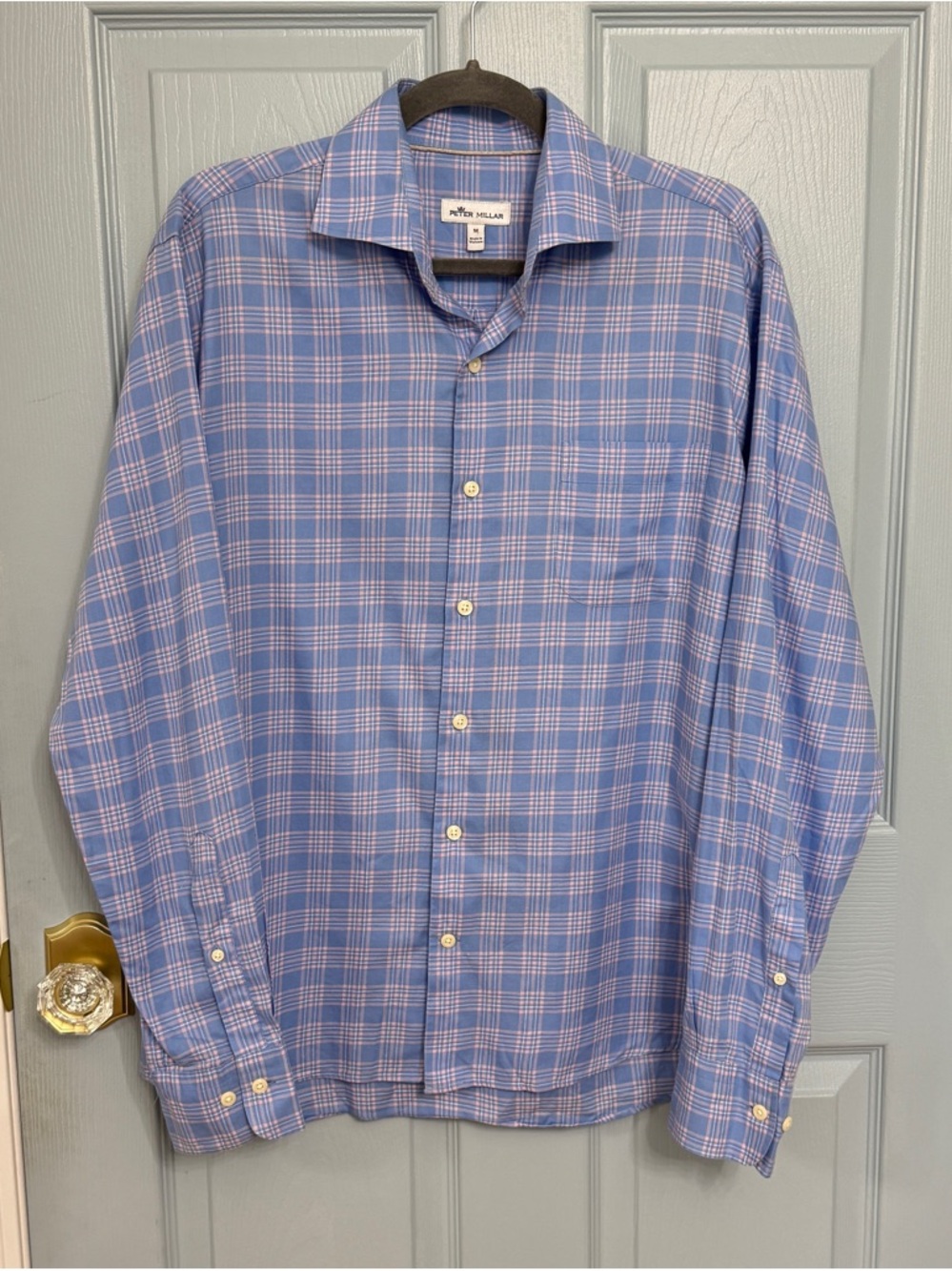 Peter Millar Men's Medium Blue Pink Plaid Button Down Cotton Long Sleeve Shirt